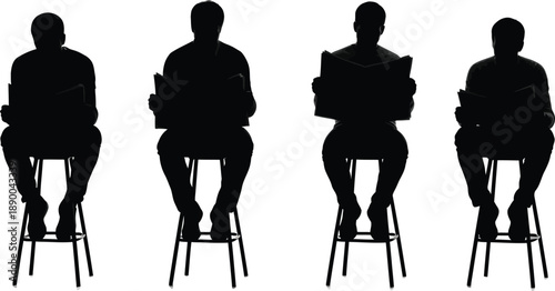 a group of four silhouetted individuals are seated on stools each absorbed in reading a book or document in isolation