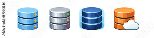 Set of four database icons representing different storage and cloud solutions