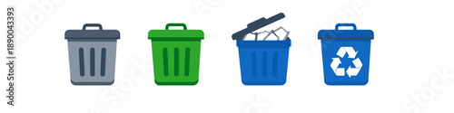 Collection of four different trash cans and recycling bins in various colors and styles