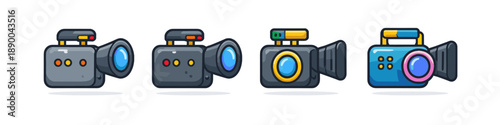 Collection of cartoon video cameras in different styles and colors