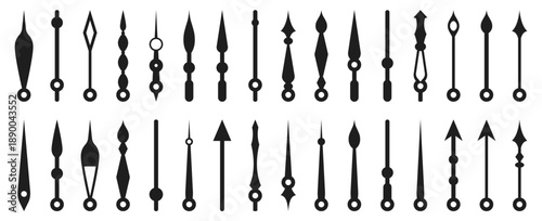 Clock hands silhouettes collection in black. Various classic and decorative clock pointer shapes