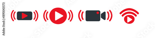 Collection of live streaming icons including play button, camera, and broadcast signals