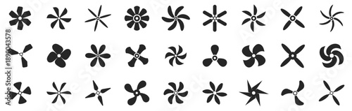 Fan propeller silhouettes collection in black. Rotating blade shapes with different counts and forms