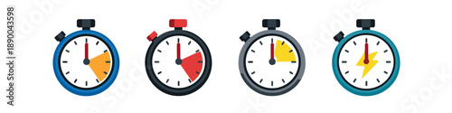 Collection of four stopwatch icons showing different time intervals and a lightning bolt