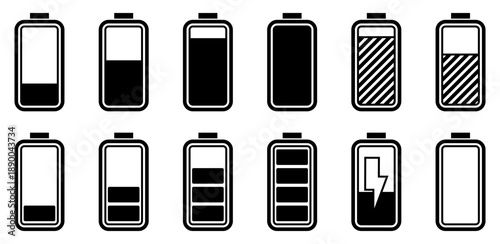 Battery charge status icons collection in black. Different power levels from empty to full with lightning symbol
