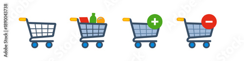 Set of shopping cart icons showing empty, full, add, and remove items