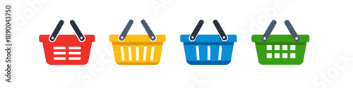 Four colorful shopping baskets in a row, representing online shopping and retail choices