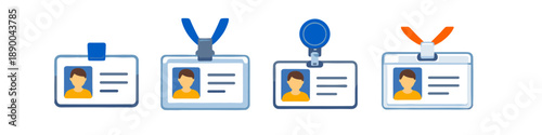 Collection of four different employee identification badges with lanyards and clips