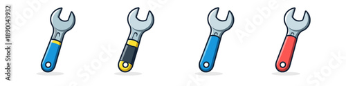 Collection of four cartoon wrenches with different colored handles on a white background