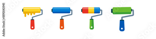 Collection of colorful paint rollers with different designs and colors on white background