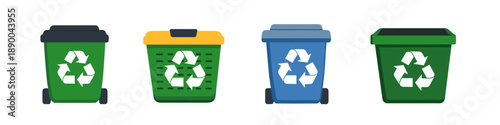 Collection of colorful recycling bins with the universal recycling symbol displayed prominently