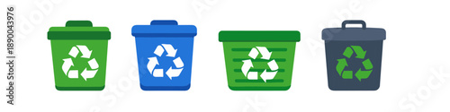Collection of recycling bins with the universal recycling symbol in different colors