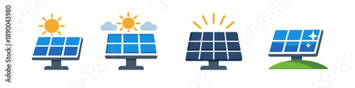 Collection of solar panel icons representing renewable energy generation and sustainability