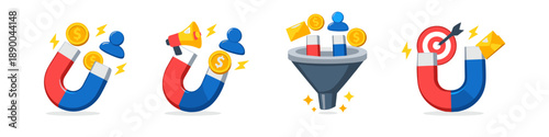 Marketing funnel and lead generation icons with magnets, megaphone, and target