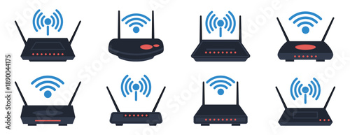 Wireless router illustration set. Different wifi modem designs with antennas and signal icons