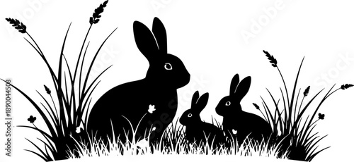Minimalist Easter Bunny Rabbits in Meadow Grass Silhouette Vector, Spring Nature Landscape Element for Holiday Card Design and Seasonal Decor