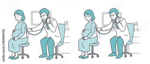 白衣を着用した男性医師による妊婦の背中の聴診イラストセット（正常・異常/体調不良）