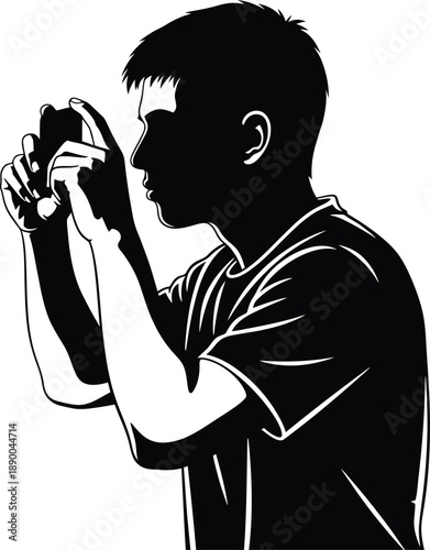 a striking silhouette of a young man holding a phone to his ear in a conversational pose depicted in black and white