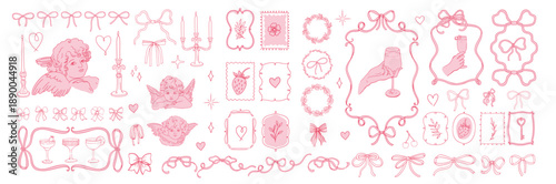Big Coquette Set with Aesthetic Hand-Drawn Vector Elements. Bows, Hearts, and Vintage Frames. For Valentine's Day, romantic designs, postcards, greeting cards, wedding invitations, and banner.
