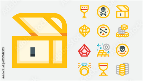 Treasure and pirate gold icons set