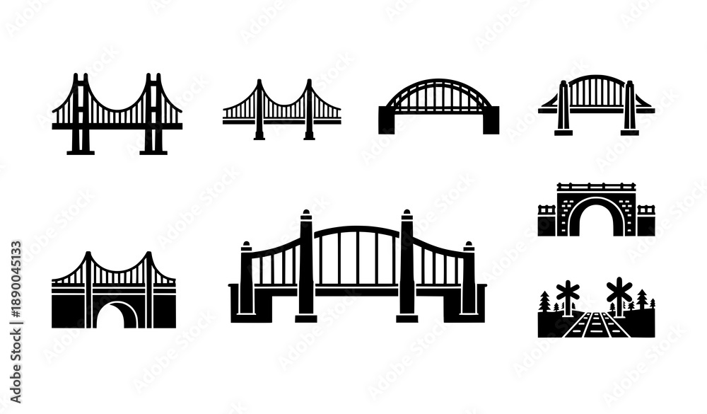 Obraz premium Minimal Bridge Silhouette Icons Set for Maps and City Planning
