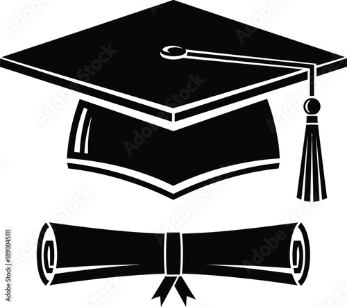 a simple black and white illustration depicts a graduation cap resting atop a rolled diploma tied with ribbon symbolizing academic achievement