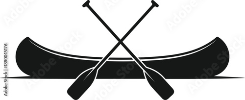 a simple black and white illustration depicts a canoe with two crossed paddles resting above it suggesting outdoor recreation and water activities