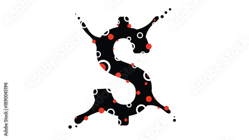 Creative illustration of a black dollar sign decorated with red and white circular patterns and paint splashes on white.