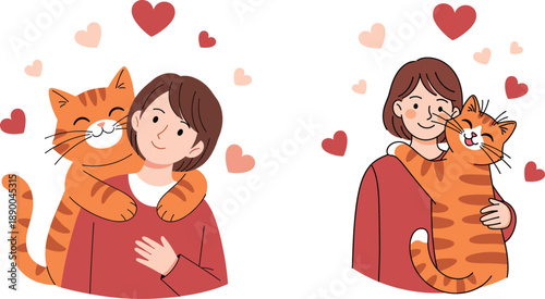 Happy woman hugging an orange tabby cat with floating hearts