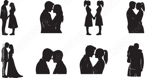 Silhouettes of couples in romantic poses, capturing love and connection