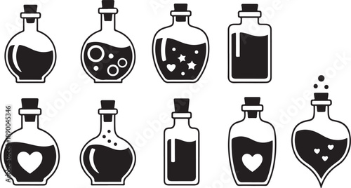 Collection of potion bottles with various designs and symbols
