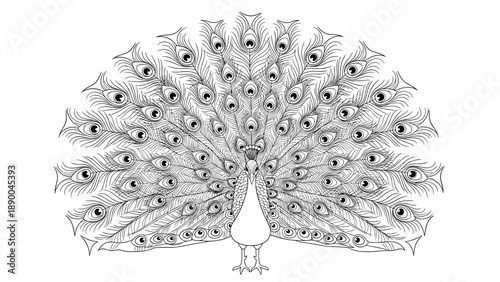 Detailed black and white line art illustration of a peacock with its beautiful tail feathers fully fanned out on white.