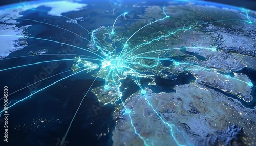 Global network connections spread across earth at night with light trails, data flow, telecommunications.