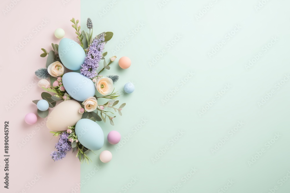Fototapeta premium Pastel Easter Flat Lay with Spring Flowers