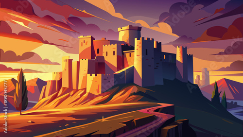 Very beautiful ruins of Spiš Castle in Slovakia at sunset, glowing with warm light, dramatic shadows, and a powerful sense of medieval history on the horizon.