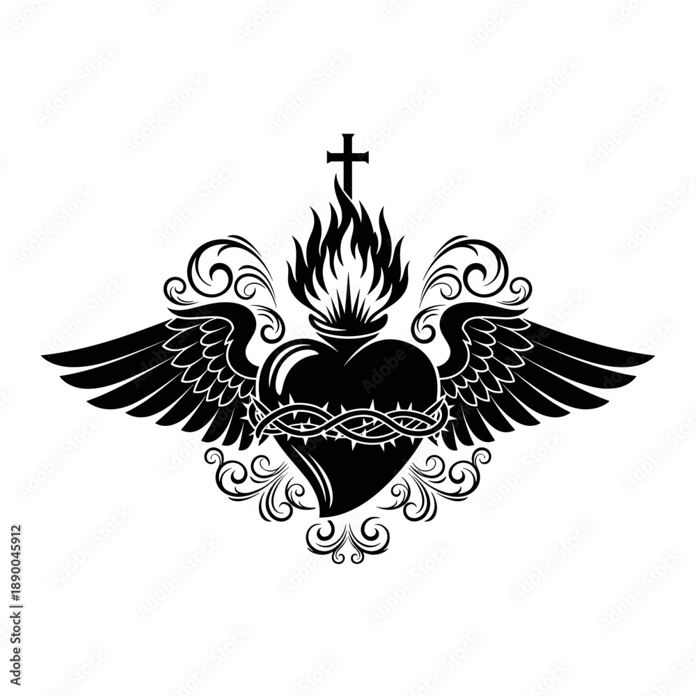 Obraz premium Sacred Heart with Wings and Cross Symbol.