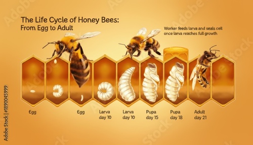 four-stage life cycle of a honey bee, specifically focusing on the development of a worker bee, which typically takes 21 days from egg to adult emergence