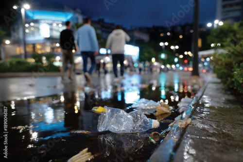 Wallpaper Mural Urban life unfolds at night with lights reflecting on puddles filled with trash, capturing the stark contrast of beauty and pollution, emphasizing environmental issues in cities. Torontodigital.ca
