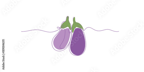 A minimalist continuous line art drawing of two eggplants with a splash of color