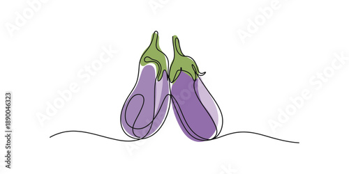 Two purple eggplants drawn in a minimalist continuous line art style