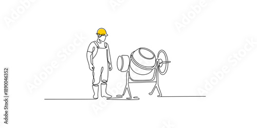 Minimalist continuous line drawing of a construction worker standing by a cement mixer