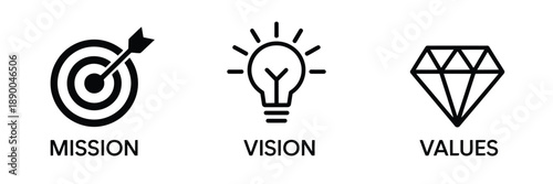Mission vision values business strategy core principles icons, featuring a vector collection representing company goals, corporate objectives, leadership concepts, and management frameworks.