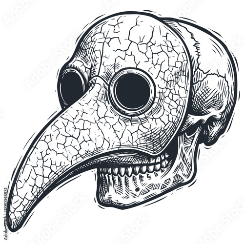 Macabre human skull wearing a cracked plague doctor mask. Detailed vector illustration in a vintage engraving style for a gothic or horror theme.