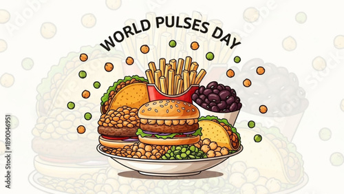 World pulses day food illustration with burgers fries and legumes on a plate