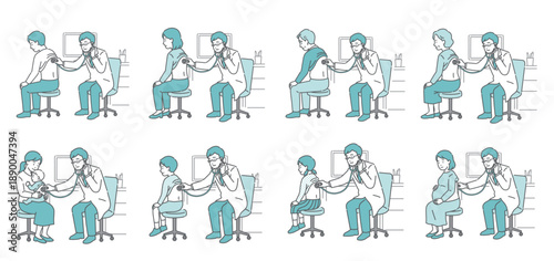 白衣を着用した男性医師による背中の聴診イラストセット（老若男女・妊婦・乳児）