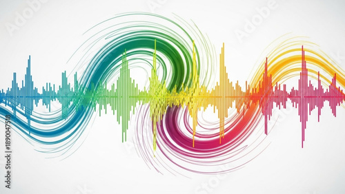 Vibrant sound wave graphic with rainbow colors on white background illustrating audio signal and music concept