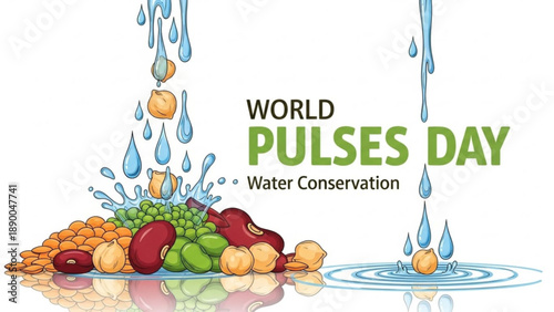 World pulses day water conservation legumes beans peas lentils chickpeas pulses food nutrition sustainability eco friendly hydration droplets water conservation world pulses day