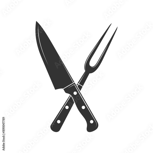 Butcher tools graphic icon. Crossed meat knife and fork isolated symbols on white background. Butchery symbol. Vector illustration