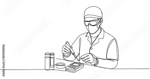 Caucasian male scientist in laboratory conducting experiment with test tubes and protective gear. No editable stroke