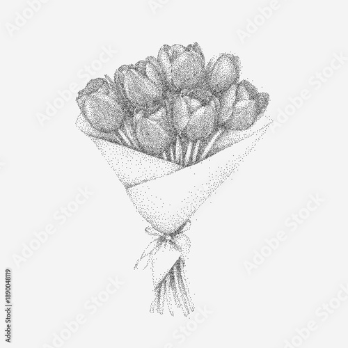 Bouquet of tulips in package with grainy threshold texture, stipple dust, faded scratches and stains across rough vintage paper with aged imperfections.